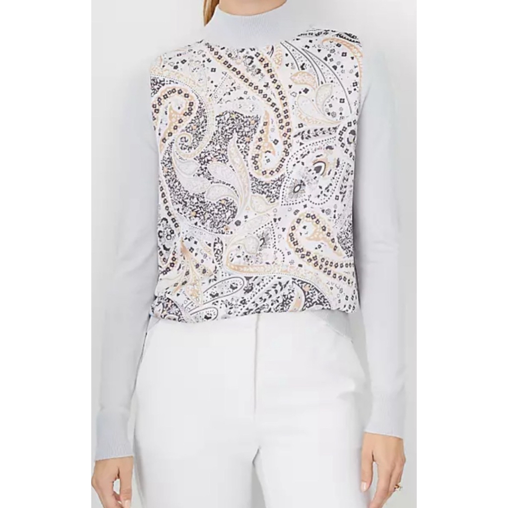 Ann Taylor Mixed Media Mock Neck Sweater Size Small Gray Paisley